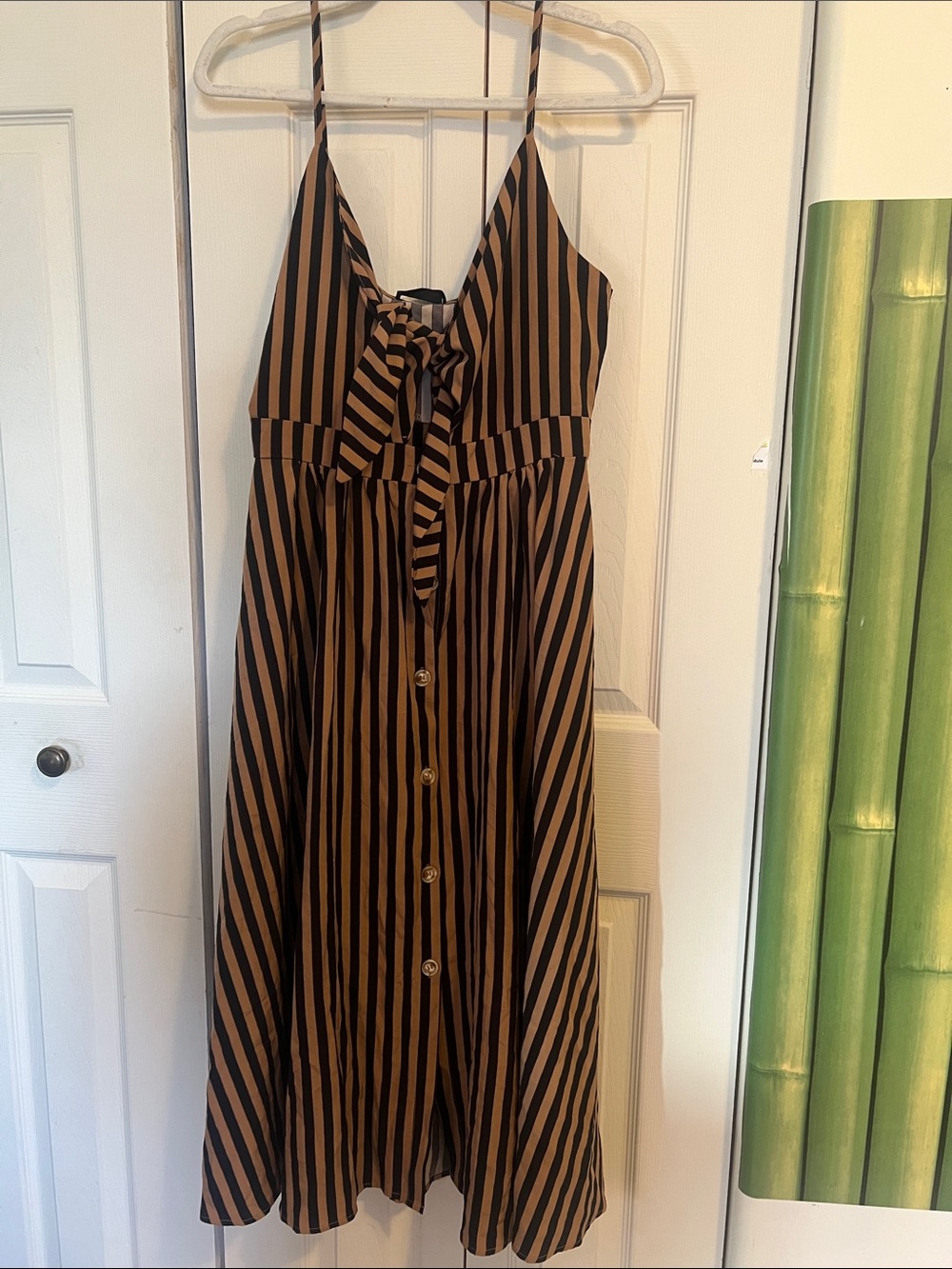 Girls Black and Tan Striped Button-Front Dress with Tie Detail